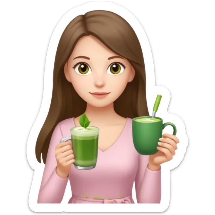 white long brunette hair girl with hazel eyes wearing light pink who is holding matcha sticker