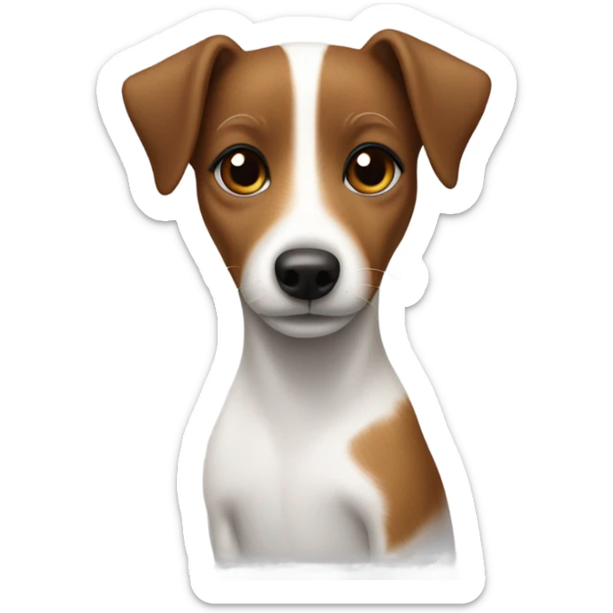 Jack Russell dog in the arms of a girl with brown hair and a mole above her lip sticker