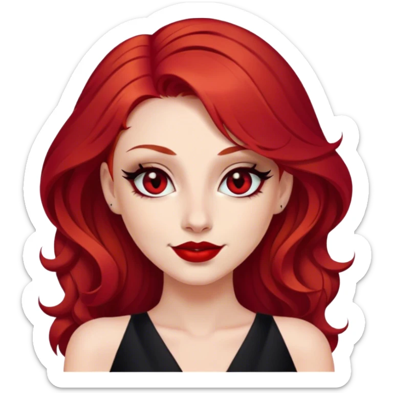 a woman with red hair and red eyes. The woman wear a black little cutted dress. She have red lipstick and she have a seductive look and smile. She have a rose in her hair sticker
