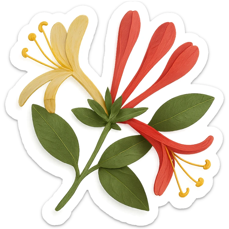 close-up of honeysuckle flowers, fine paper edges, tubular blossoms, green foliage, expressive arrangement sticker