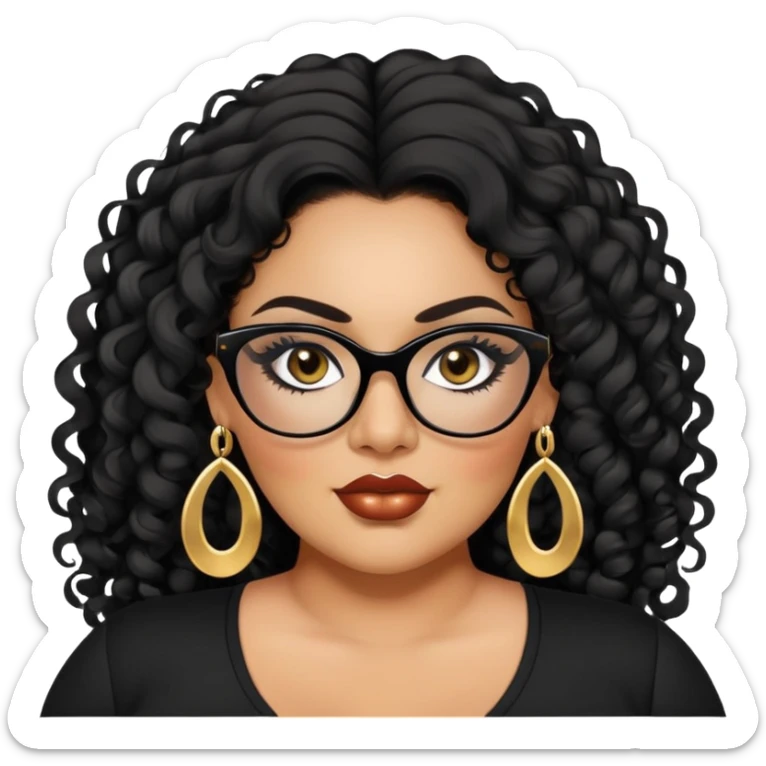 big plus size, latina, darker tan skin, long black curly hair, baddie,pretty, makeup, lipliner, black eyeliner, long hair, gold earrings, black top, black glasses sticker