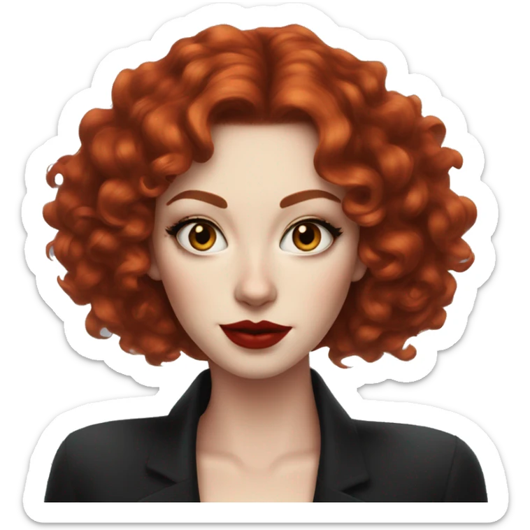 Pale Woman with short, dark curly red hair, bright red lipstick and dark cat-eye makeup sticker