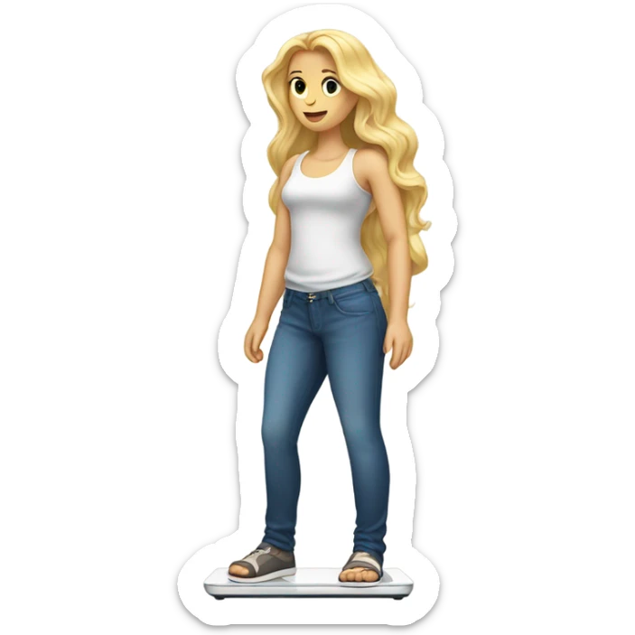 White woman, long hair, blonde hair, wavy hair, on scale, weight loss sticker