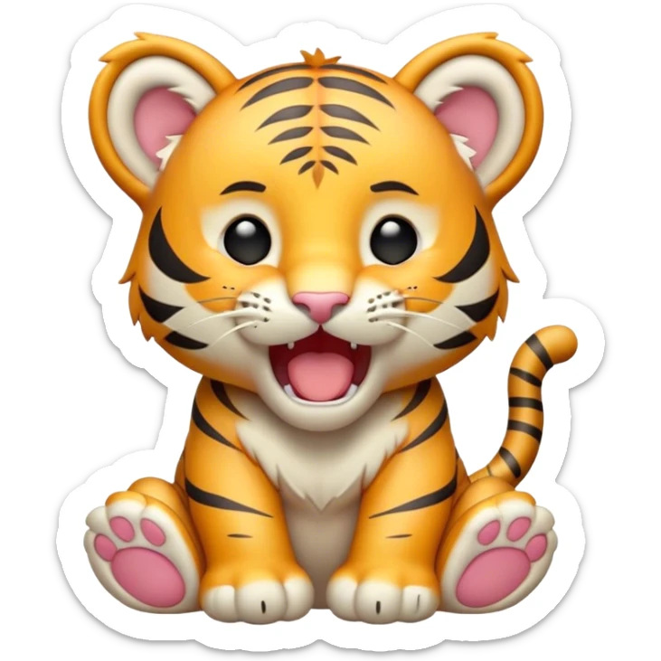 Cinematic Cute Yawning Tiger Cub Portrait Emoji, Head tilted slightly with a dramatic, wide-open yawn, showcasing a small, plush body with drowsy, half-closed eyes and an open, relaxed expression, Simplified yet irresistibly adorable features, highly detailed, glowing with a soft, cozy wild glow, high shine, relaxed yet expressive, stylized with a dash of whimsical jungle charm, soft glowing outline, capturing the essence of a drowsy yet affectionate tiger cub that appears ready to stretch out for a nap! sticker