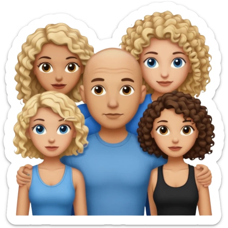 tattooed covered bbald brown eyed male with blonde haired blue eyed big boob female with brunette curly haired brown eyed big boob female throuple  sticker