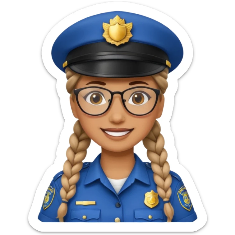 happy woman police with braided hair wearing hat, glasses  sticker