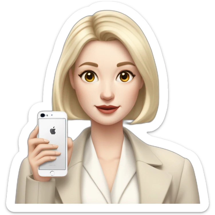 pale skin woman with ash blonde Straightened bob Hair, White Spacious classical jacket, beige palazzo Arrow pants and gray blouse holding white IPhone 15 pro in the hands sticker
