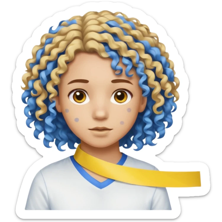Make me an emoji that has a guy with a white shirt and yellow tape around the shirt with brown and blue spots hair make the hair curly make the yellow tape go around it sticker