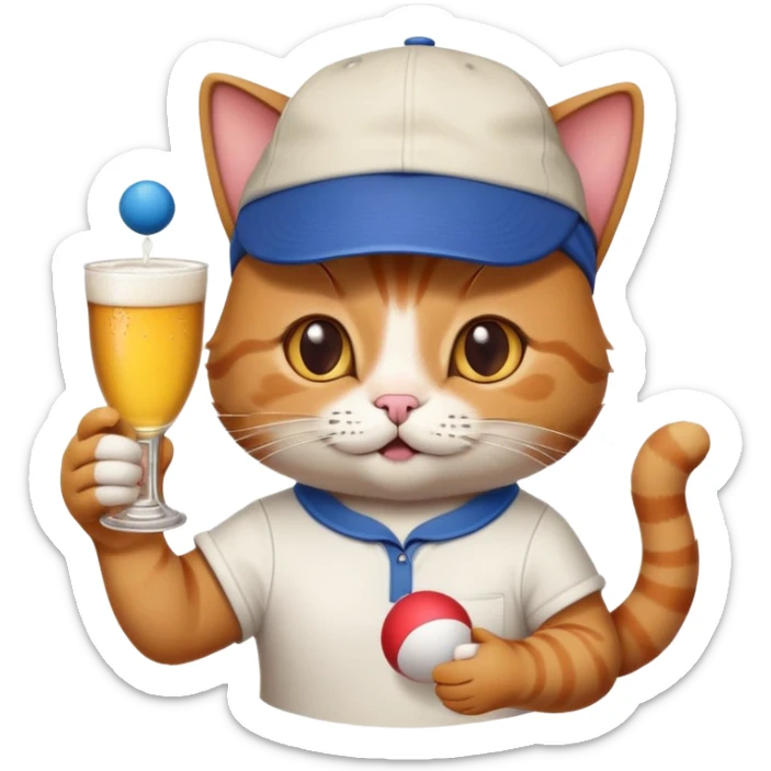 cat with a backwards cap, holding a ping pong ball and cup, beer pong college party sticker