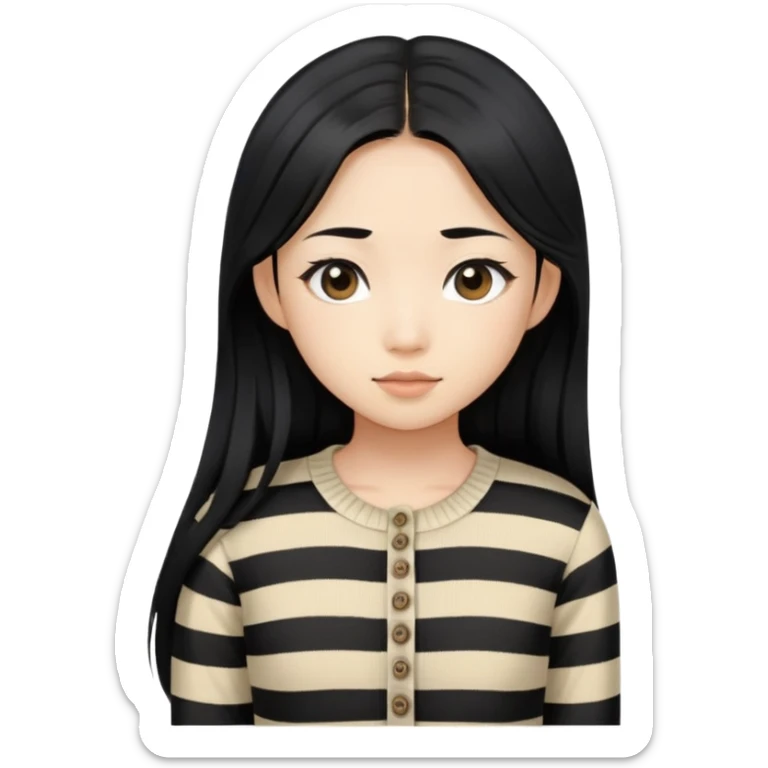 an asian girl with long black hair wearing a knit long sleeve top with from buttons and black and beige stripes sticker