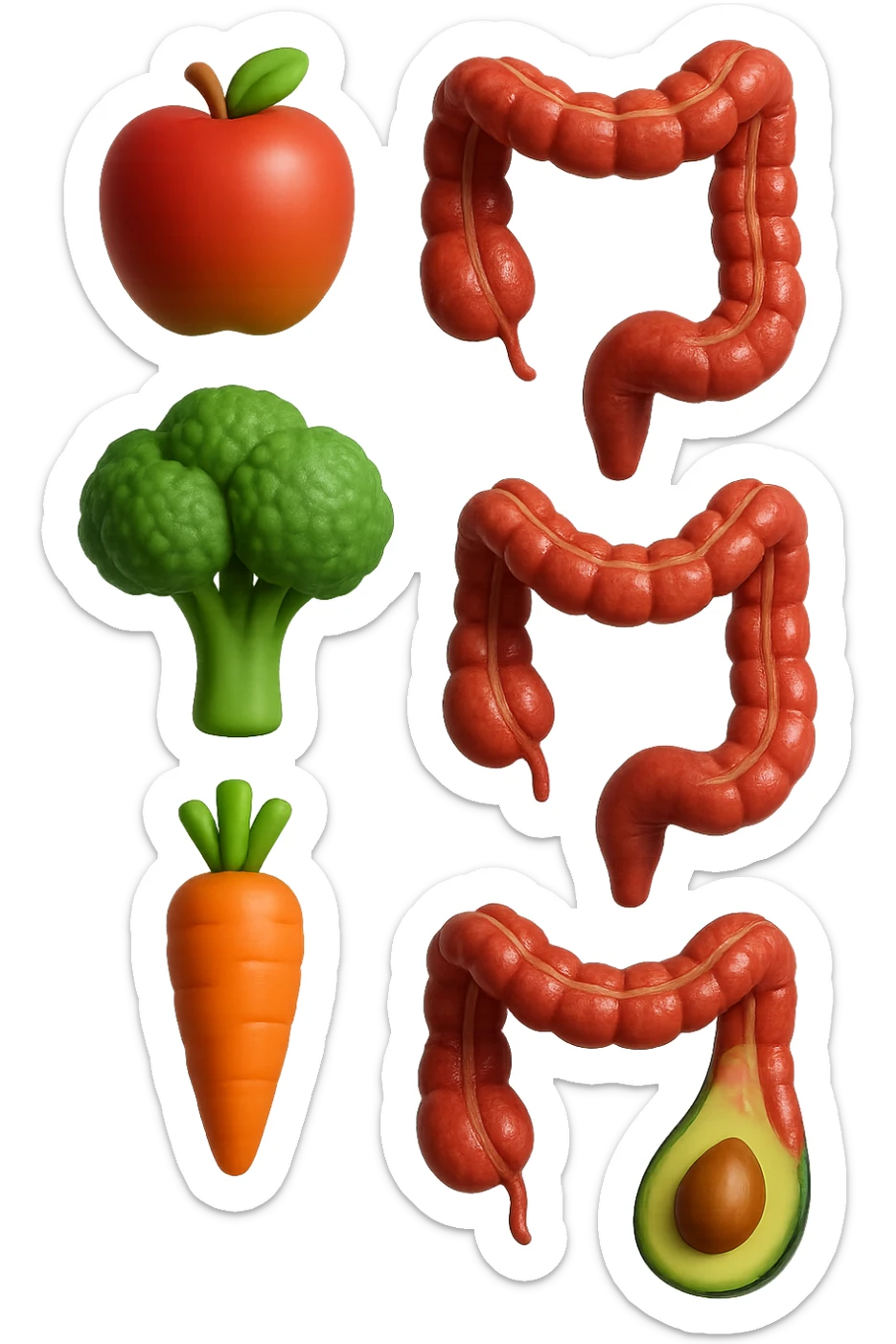 emoji stile iphone in 3d di cibo sano che fluttua in aria vericalmente insieme ùa pezzi di colon umano anatomico, iperrealistico 4k sticker