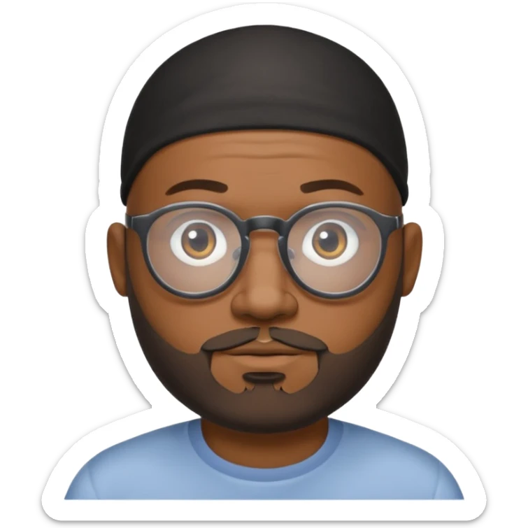 African american male, bald, salt and pepper beard. Round face, glasses sticker