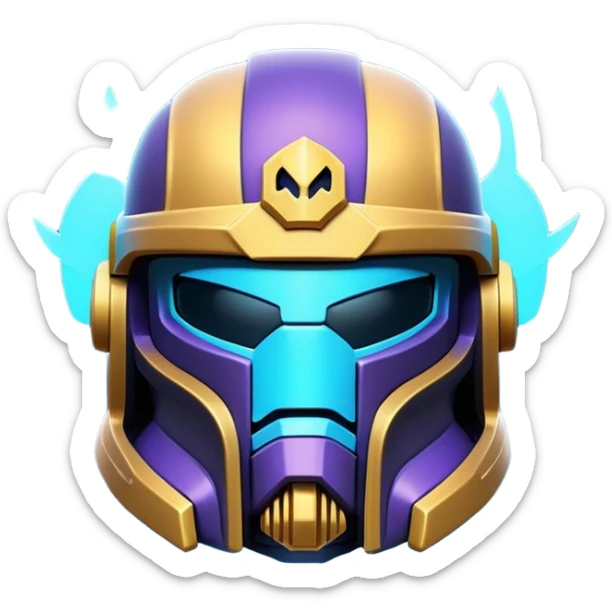 Clash of Clans aesthetic: Cinematic Playful Space Marine Helmet Emoji, rendered in a 3D vector-style similar to standard emojis with minimal shading and bold, simplified shapes. A compact, heroic isometric helmet with futuristic, armored detailing and a glowing visor, softly glowing with a battle-ready cosmic charm. Simplified yet unmistakably iconic, highly detailed and consistent, glowing with a soft radiant shine and high gloss. Stylized with a touch of interstellar valor and a soft glowing outline, capturing the essence of an elite warrior’s helm with a friendly, playful spirit! sticker