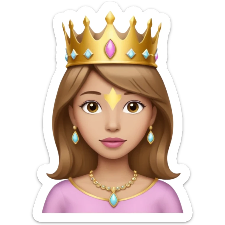 confident woman with light brown hair, light pink lipstick, lighter skin color, wearing a crown sticker
