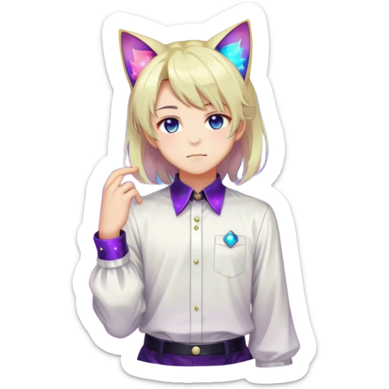 effeminate young colorful nebula femboy man with shiny hair, cat ears, blouse, cute, gorgeous, anime, catboy, full body sticker