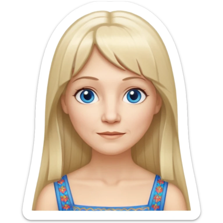 50 yr old white woman, hippie parted very long hair, short bangs, very long straight blond hair, oval face, small smile, blue eyes, thin face, hair downback, hair parted at center of head, round cheeks, pale, longer hair, white evening dress sticker