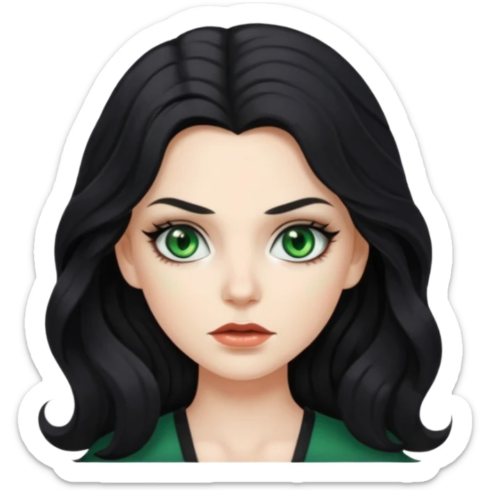Mean looking white girl with long, wavy black hair, green eyes, and wearing makeup. sticker