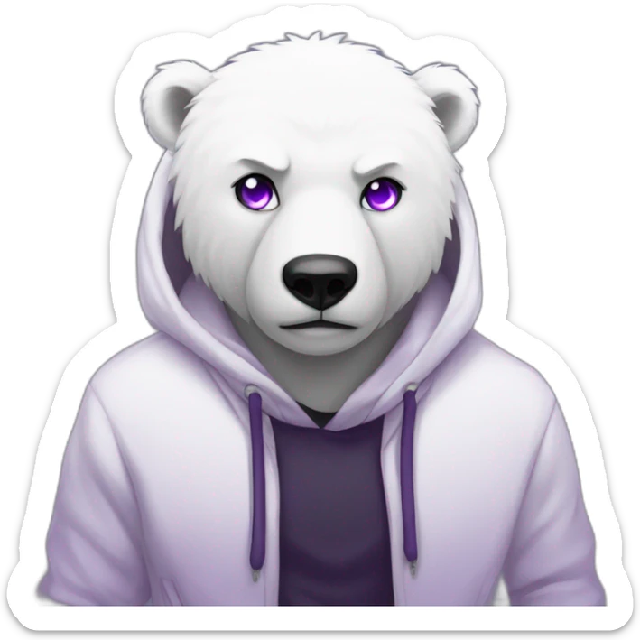 Male Anthro polar bear, black hoodie, purple eyes, anime style sticker