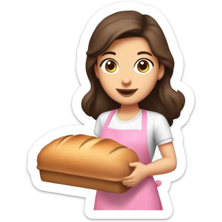 brunette girl with long and brown eyes and big lips baking bread in a pink apron holding a bread pan sticker