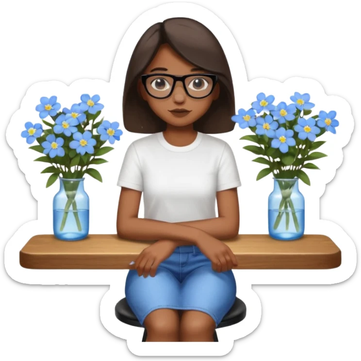 Créame una chica morena de pelo más o menos por los hombros con granitos en la cara y unas gafas negras, que esté sentado en una silla de bar con una camisa blanca con florecitas azules sticker