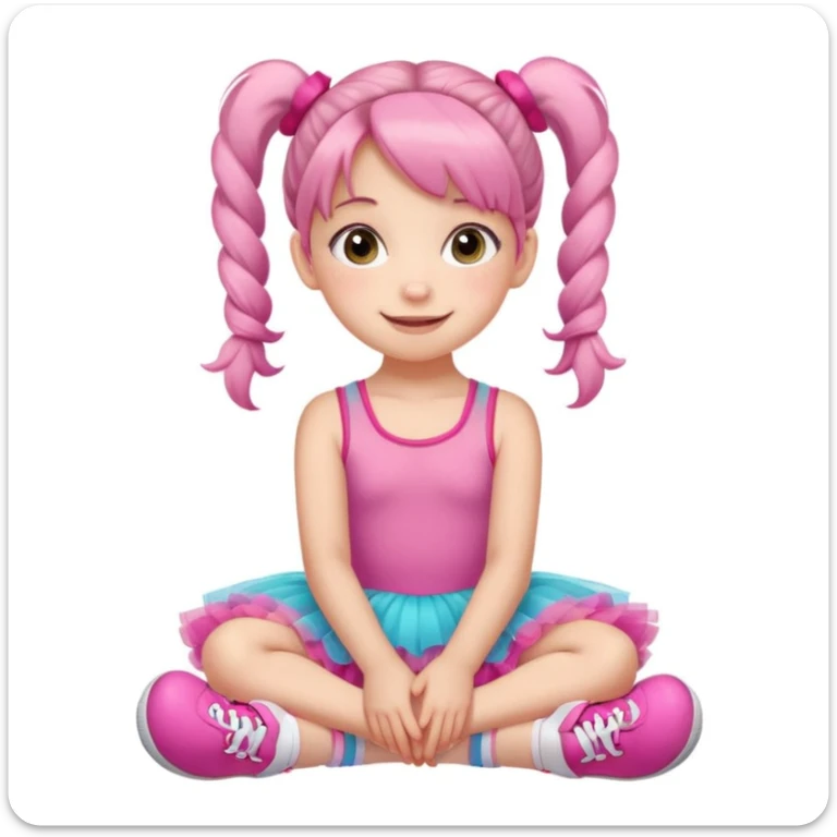 A cute young girl with pigtails sits on the floor, wearing a pink tutu dress and colorful sneakers. She has large, expressive eyes and a cheerful smile, resting her chin on her hands. The background is a soft, neutral color that enhances her playful demeanor. sticker