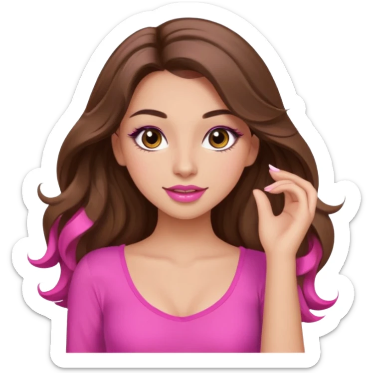 girl with long wavy brown hair, brown eyes, long lashes makeup, sexy pink lips, light to medium complexion, pink sexy top, dancing sticker