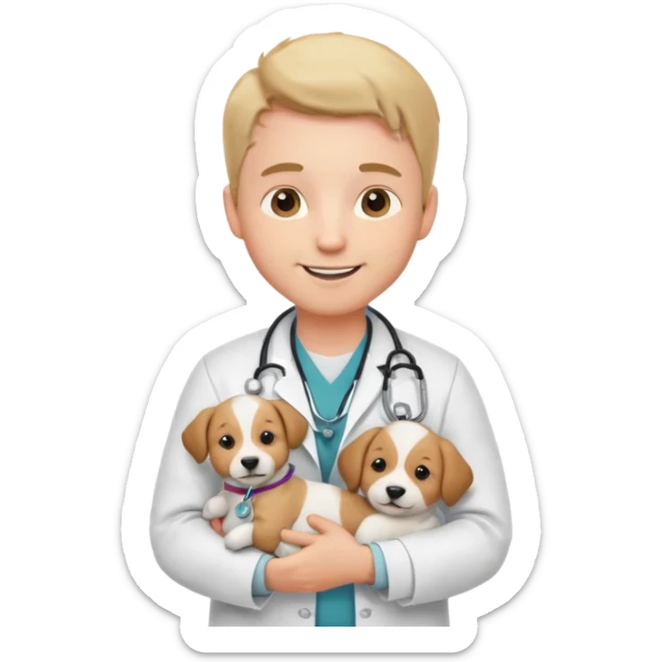 Young male vet – white coat, stethoscope, holding puppy. sticker