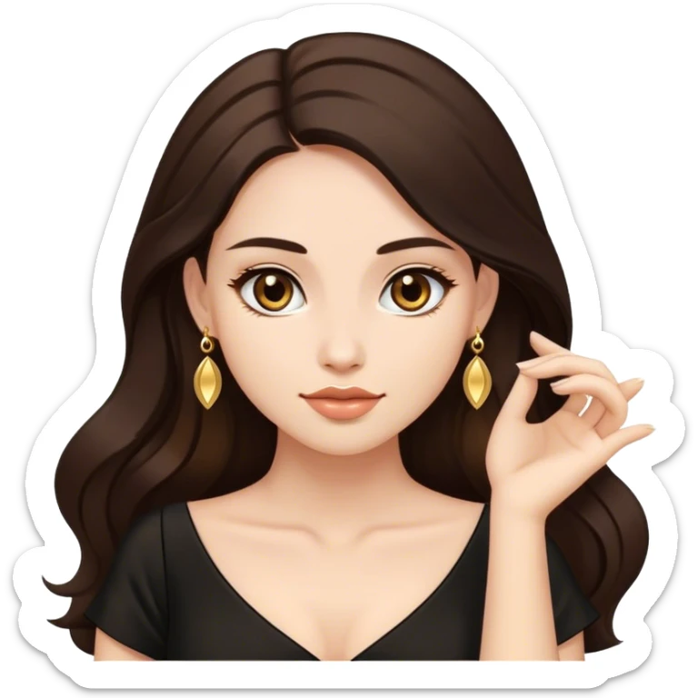 Beautiful woman,cute, long dark brown hair in dark dress with gold earrings sticker