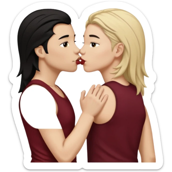 a white masculine woman with short mullet tomboy black hair wearing men's black tank top kissing a lightskin woman with long dark blonde hair wearing maroon tank top sticker