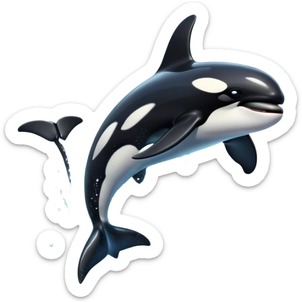Meme-Worthy Breaching orca Portrait Emoji, Bursting powerfully out of the ocean with an impressive, high-energy leap, showcasing a sleek black-and-white body glistening with water droplets and dynamic, arched posture, Simplified yet exhilaratingly expressive features, highly detailed, glowing with a vibrant marine energy, high shine, bold and full of life, stylized with an air of untamed ocean spirit, soft glowing outline, capturing the essence of an orca mid-breach, radiating pure, unstoppable aquatic power! sticker