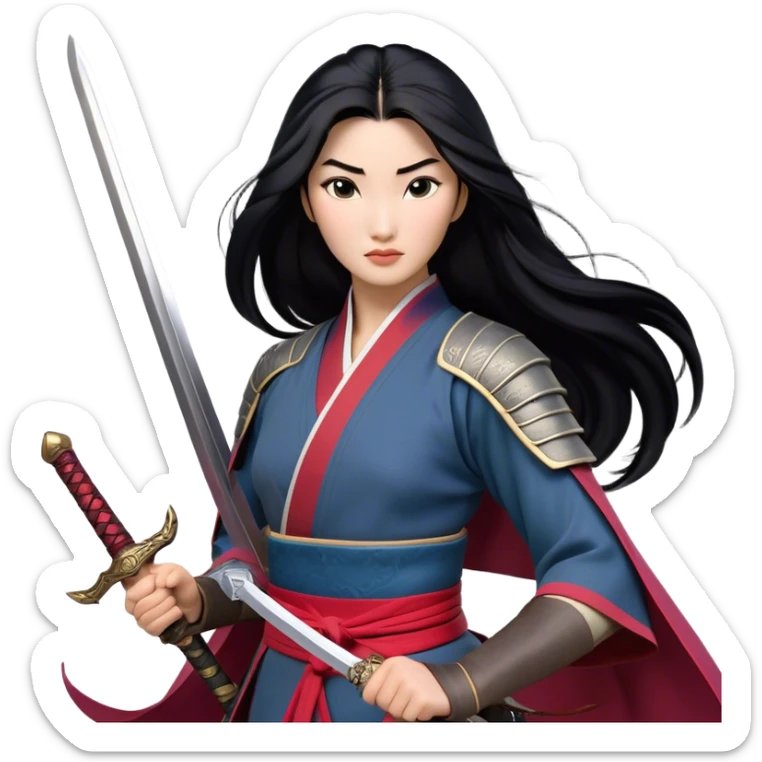 Cinematic Realistic Mulan Portrait, depicted with lifelike skin texture, soft natural lighting, and intricately detailed long black hair styled elegantly. Her deep, expressive eyes exude determination and grace, complemented by a serene yet confident expression. She stands with one hand resting on the hilt of her sword, the other by her side, exuding strength and poise. She is dressed in her classic attire, with rich fabric textures and delicate folds that catch the light beautifully. The portrait features a soft, enchanting glow with a natural, radiant finish, capturing the essence of timeless strength and beauty in a realistic and painterly style, evoking a sense of depth and authenticity. sticker