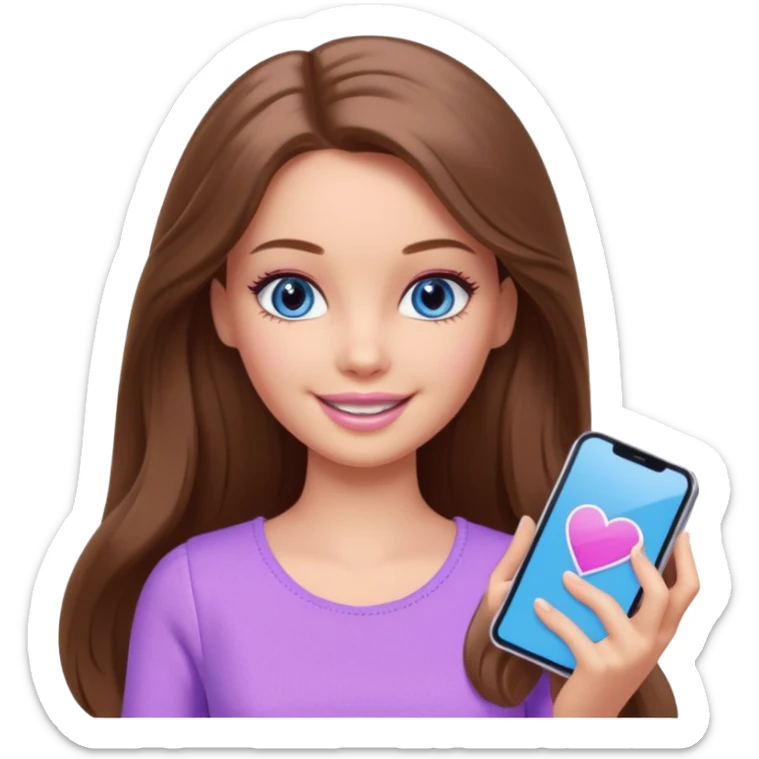 beautiful barbie girl with long brown hair, blue eyes and wearing light purple clothes playing games sticker