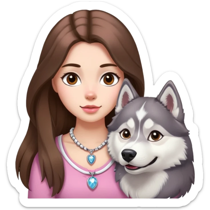 Girl with Brown long hair with husky white and grey and pink necklace for the husky  sticker