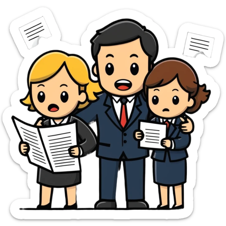 illustration of [man celebrating the singing of divorce papers] next to [crying woman] art influence sticker