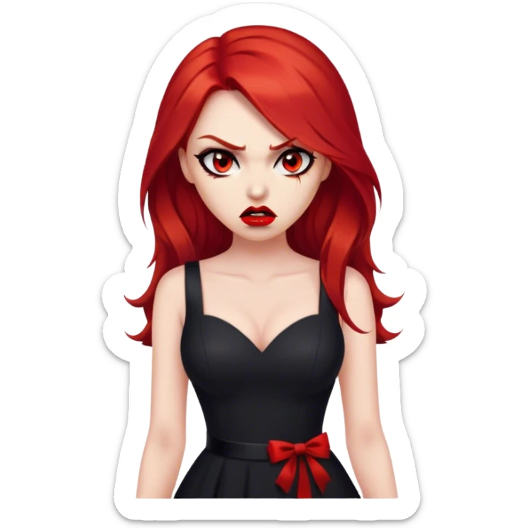 a beautiful very angry woman with long red hair and red eyes. The woman wear a black little cutted dress. She have red lipstick and she have a seductive look. Angry face sticker
