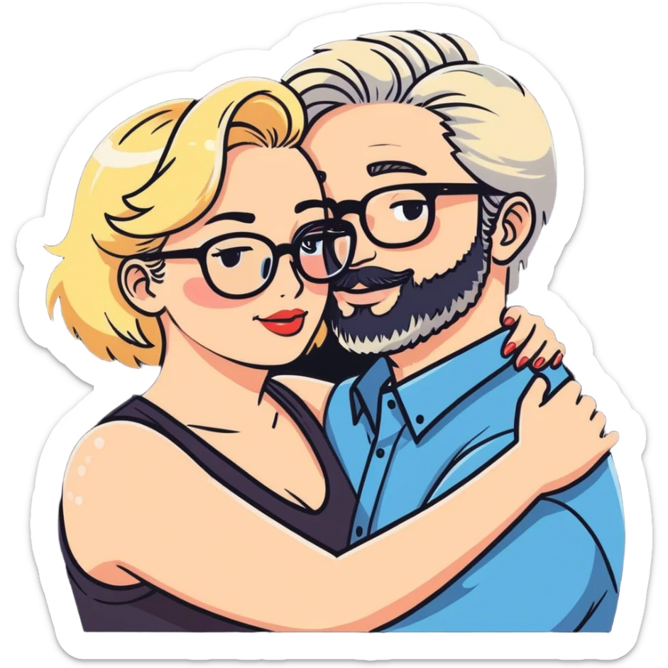 Hyper realistic couple in love, man had a salt and pepper hair and a short stubbly beard and no glasses. The lady is blonde and curvy and wears glasses and makeup sticker