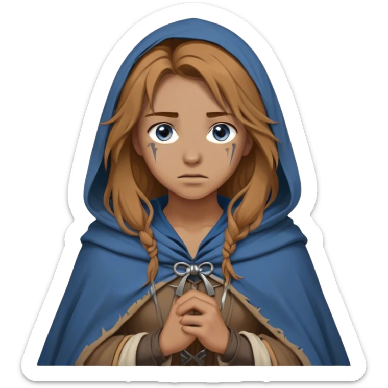 A young human woman with long, unkempt golden-brown hair, piercing blue-gray eyes filled with quiet determination. Dressed in a worn tunic and a tattered cloak, her calloused hands grip a bow, a hunter surviving against the odds. sticker