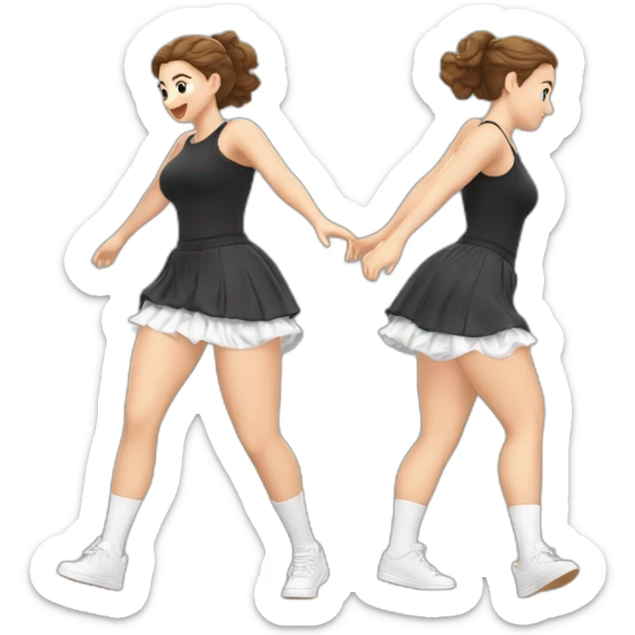 alistic-full-body-caucasian-curvy-beauty-jumping-short-black-skirt-back-and-front-views-strong-wind-white knickers-long-white-socks sticker