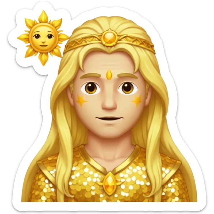 Sol, God of Sun from Gods and Goddesses with long golden blonde hair, yellow and white sequin outfit sticker