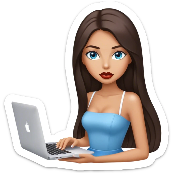 Glamours tanned very beautiful girl with big pump lips and dark chocolate straight smooth long hair, blue-grey eyes with MacBook sticker