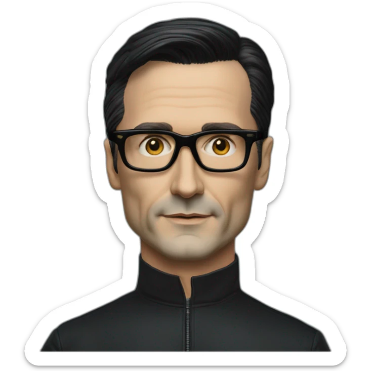 photo realistic Ralf Hutter from Kraftwerk, short straight black hair, black glasses, Tesla T-shirt sticker