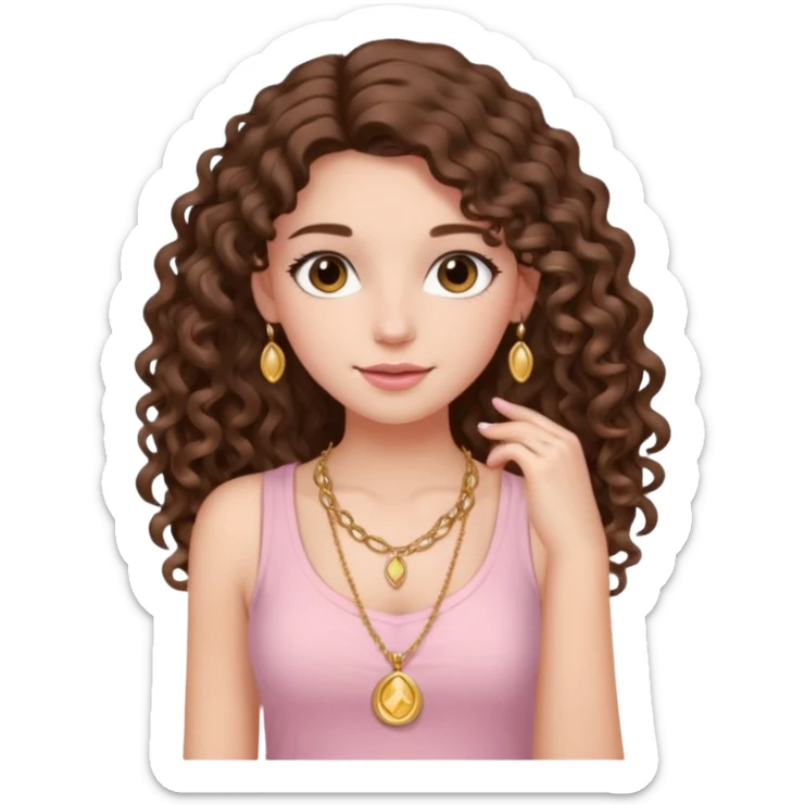 crée moi une jeune fille très belle avec les cheveux bouclés long brune avec un top  sans manche de couleur rose clair avec un peu de maquillage un collier en or sticker