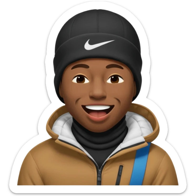 black guy with nike ski mask on squinching his face with his mouth closed trying to hold his laugh with his eyes closed sticker