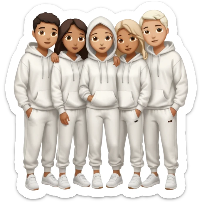 four mixed race friends all wearing white oversized hoodies with the all of the hoods up, white sweatpants, and white slides huddled together hugging sticker