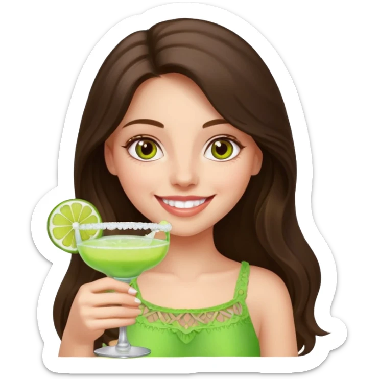 happy long haired brunette girl hazel eyes in light pink holding a margarita   sticker
