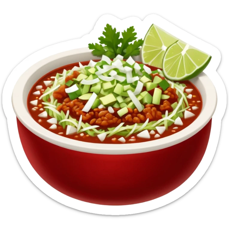A delicious hot bowl of pozole rojo with separate sides: white chopped onions, green shredded cabbage, lime wedges, red chile de arbol salsa, and tostadas sticker
