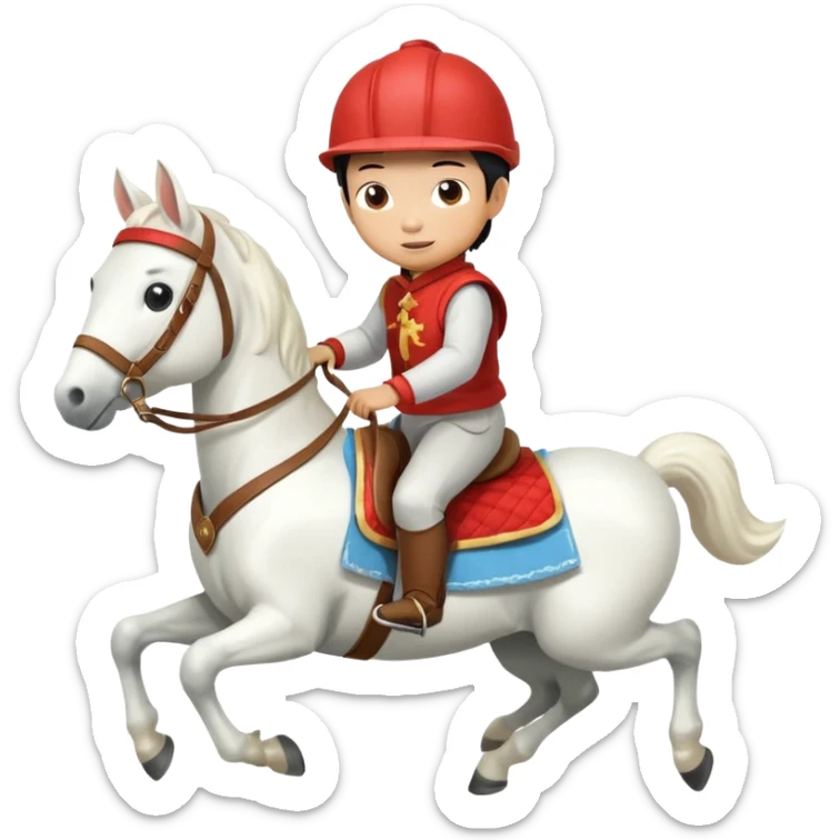 “A Chinese little boy is riding a cute white small horse, and the horse is running. The blanket on the saddle says ‘2026.’” sticker