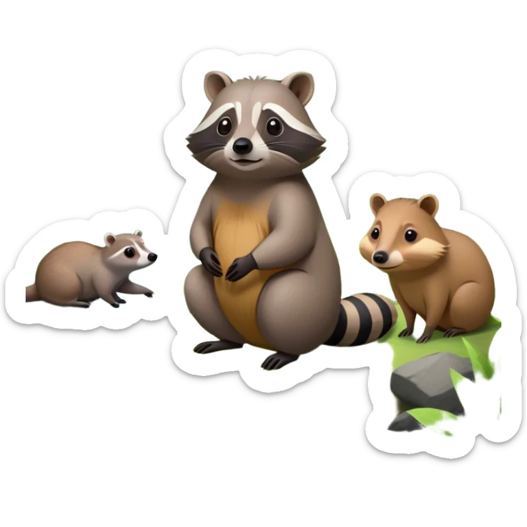 Collage of a raccoon and capybara in a lush, vibrant forest. The raccoon curiously looks around, while the capybara rests peacefully near a stream. The forest is full of green trees, leaves, and soft sunlight. A serene and natural background. sticker
