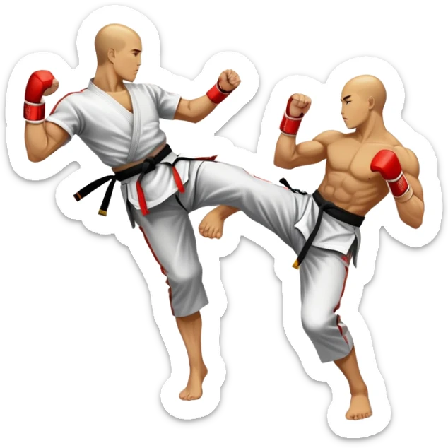 An emblem-style design featuring crossed martial arts weapons like a fist and foot, symbolizing striking combat sports. The background includes a silhouette of a fighter in an action pose, with dynamic lines and bold colors, showcasing speed and power. Transparent background. sticker