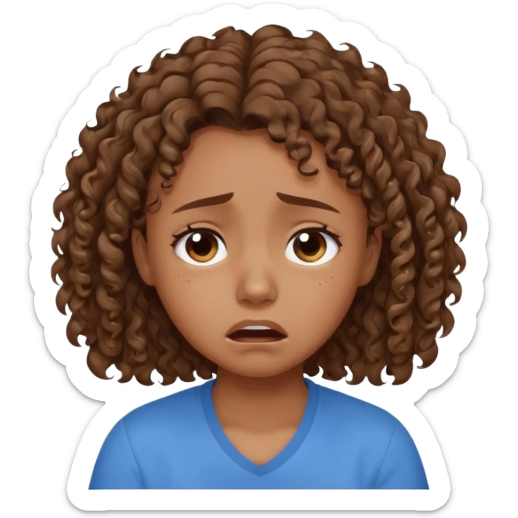young curly hair girl, brown hair, with a blue shirt, in despair crying sticker